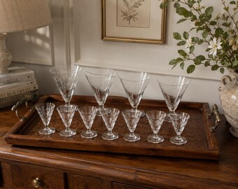 Vintage Engraved Glassware Set, Grape Motif, 11 Pieces, Mid-Century European Wine & Liqueur Glasses