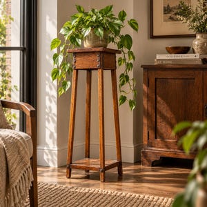May include: A tall, four-legged wooden plant stand with a square top and a lower shelf. The stand features a dark brown wood grain finish and decorative metal studs along the upper frame. A green trailing plant in a pot sits on the top surface.