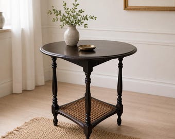 Vintage Round End Table with Cane Shelf, Turned Wood Lamp Table, English Cottage Decor