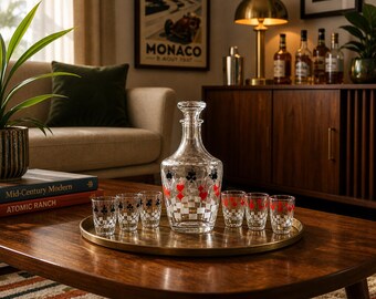 French Mid-Century Casino Decanter Set with 6 Cordial Glasses