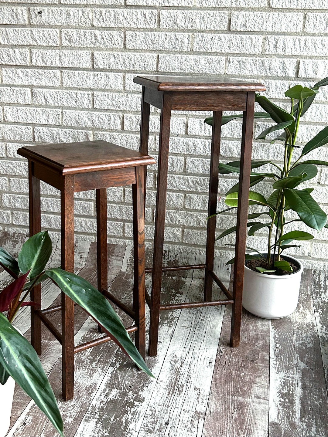 Vintage Wooden Plant Stand Set – Tall & Small Beech Display Stools - Etsy
