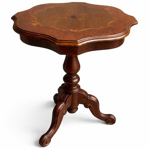 Classic Marquetry Side Table with Solid Wood Pedestal Base