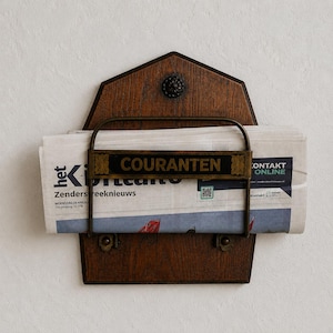 May include: A vintage wooden newspaper holder with a dark finish, featuring a metal frame and the word "COURANTEN" in gold lettering. The holder is mounted on a wall and holds a rolled-up newspaper.