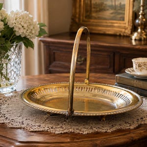 Vintage Footed Fruit Basket with Handle, Gold Tone Oval Serving Basket, Mid Century Centerpiece Bowl, Candy Dish Decor
