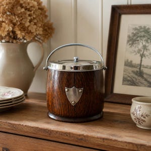 Antique English Oak Biscuit Barrel, Porcelain Lined Cookie Jar, EPNS, Early 20th Century