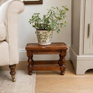 Vintage Spanish Wooden Plant Stand, Solid Wood Small Stool, Rustic Footstool with Turned Legs