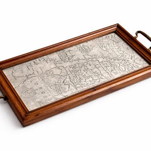 Vintage Norwegian Wooden Serving Tray with Metal Map Insert