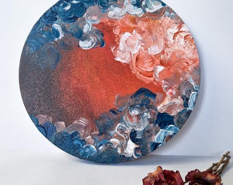 Arte abstracto - Pintura acrílica redonda mediana - Remolinos abstractos azules y rojos - Pintura para interiores - Decoración del hogar