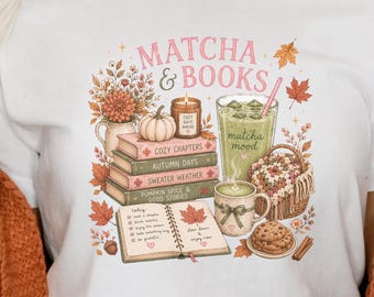 Fall Matcha Books PNG Sublimation Design Cozy Autumn Digital Download Cottagecore Bookish Art Soft Girl Aesthetic Reading Season