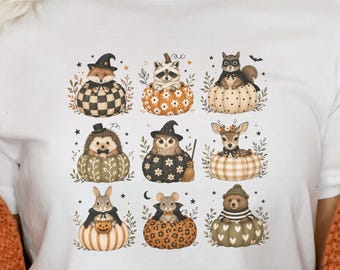 Woodland Halloween Animals PNG Cute Pumpkin Clipart Fall Sublimation Design Fox Raccoon Owl Bundle Digital Download Cottagecore Autumn