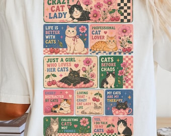 Crazy Cat Lady PNG Retro Cherries Florals Retro Checkers Cat Lover Sticker Sheet Inspired Vintage Cat Mom Sublimation Design