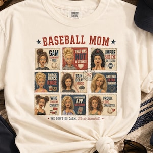 Puede incluir: Camiseta color crema con un gráfico de "Baseball Mom", combinada con una gorra de béisbol azul marino, leggings, zapatillas deportivas, gafas de sol y una botella de agua. La camiseta presenta frases e imágenes relacionadas con el béisbol.