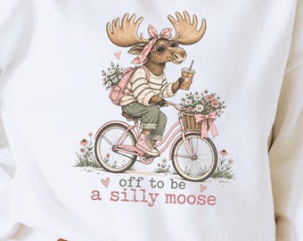 Silly Moose Png Funny Cottagecore Bike Ride Iced Coffee Floral Sarcastic Animal Sublimation Sweatshirt Design
