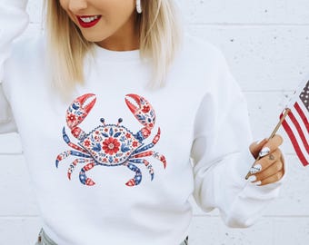 USA Crab PNG Red White Blue Floral Design Summer Clipart Ocean Art Flower Patriotic Vacation Download 250th Anniversary