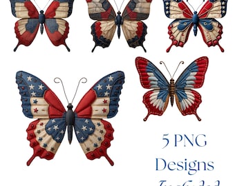 Patriotic Butterfly PNG Bundle Red White and Blue Quilt Design Rustic Americana Clipart 4th of July Sublimation Vintage Patchwork Butterfly