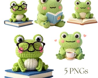 Chunky Yarn Bookish Frog PNG Bundle Reading Glasses Stack of Books Kawaii Digital Clipart Baby Toddler Bodysuit T Shirt POD
