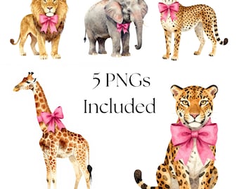Zoo Animal PNG Bundle Pink Coquette Bow Cute Safari Animals Clipart Girly Aesthetic Instant Digital Download