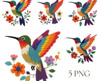 Hummingbird PNG Bundle Chunky Yarn Latch Hook Design Rainbow Boho Flowers Sublimation Graphic for Shirts Stickers Wall Art