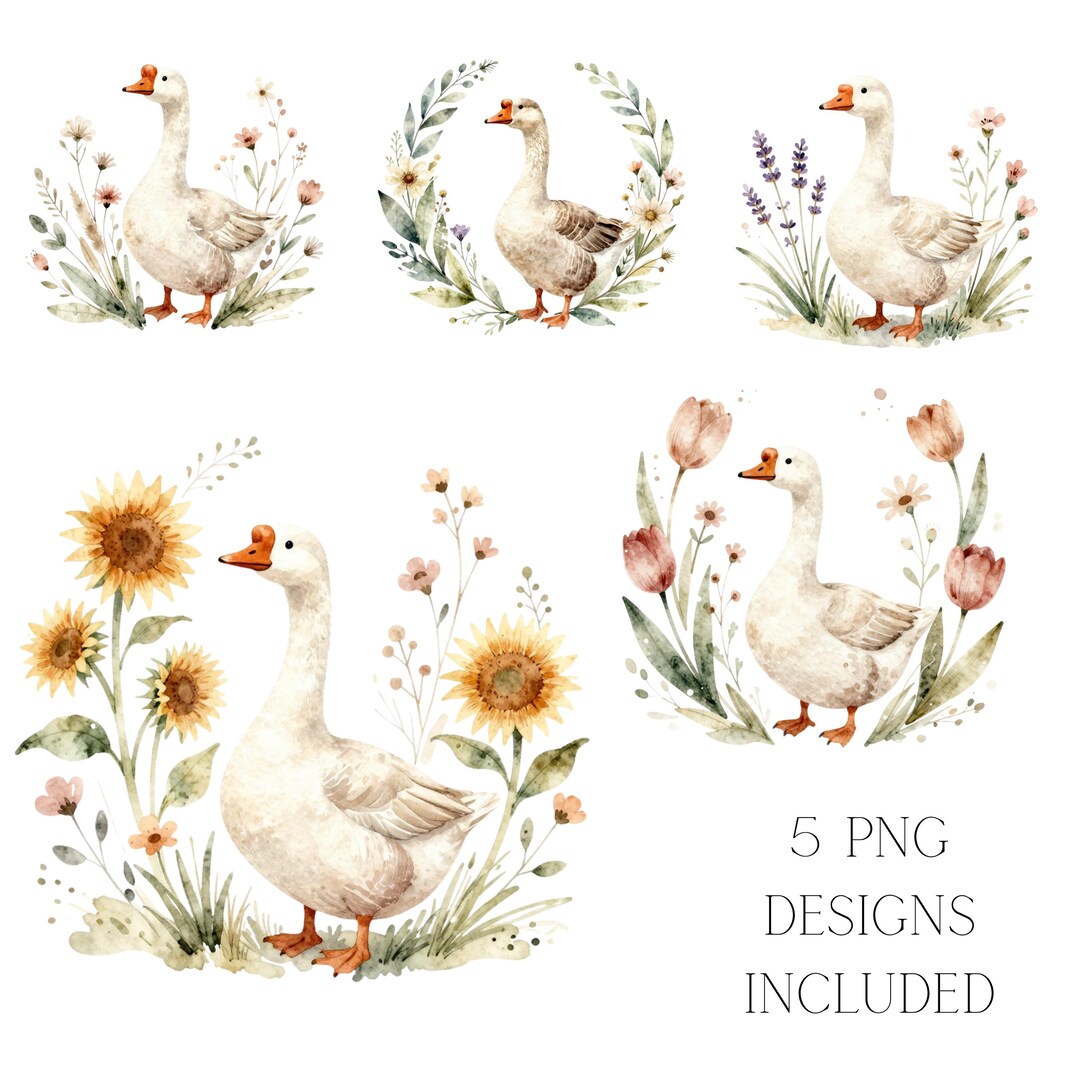 Watercolor Goose PNG Clipart Bundle Boho Floral Farm Art Cottagecore ...
