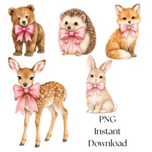 May include: Watercolor illustrations of five woodland animals: a bear, hedgehog, fox, deer, and rabbit. Each animal is adorned with a pink bow. The image includes the text "PNG Instant Download".