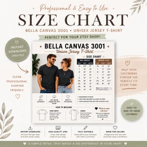Pode incluir: Uma tabela de tamanhos digital para camisetas unissex de jersey Bella Canvas 3001, apresentando uma tabela com medidas em polegadas para homens e mulheres, um diagrama de como medir e texto sobre a composição do tecido para vendedores.