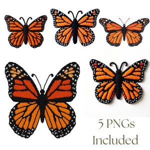 May include: Five orange and black butterfly designs with intricate details. The butterflies have black bodies and antennae, with orange and black wings. The text "5 PNGs Included" is at the bottom.