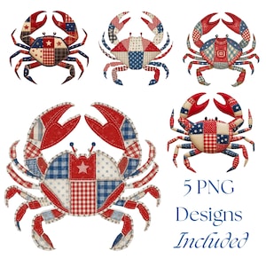 Patriotic Crab PNG Bundle Patchwork Quilt Style Crab Clipart July 4th Coastal PNG Red White Blue Summer Sublimation Vintage Americana Art