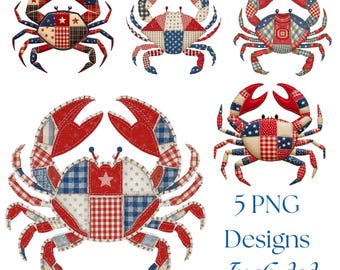 Patriotic Crab PNG Bundle Patchwork Quilt Style Crab Clipart July 4th Coastal PNG Red White Blue Summer Sublimation Vintage Americana Art
