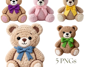 Chunky Yarn Teddy Bear PNG Bundle Latch Hook Crochet Coquette Bow Digital Download Cute Plush Aesthetic Clipart for Sublimation DIY Crafts