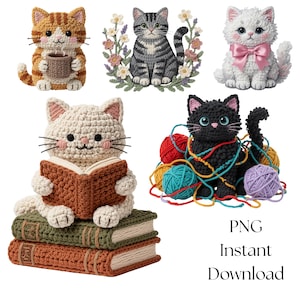 Crochet Cat PNG Bundle Coffee Lover Kitten Bookish Reader Kitty Coquette Bow Floral Cottagecore Yarn Craft Clipart Sublimation Design