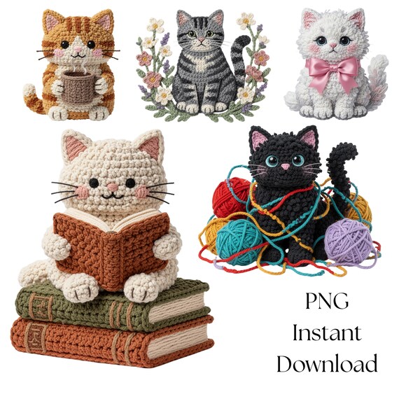 Crochet Cat PNG Bundle Coffee Lover Kitten Bookish Reader Kitty Coquette Bow Floral Cottagecore Yarn Craft Clipart Sublimation Design