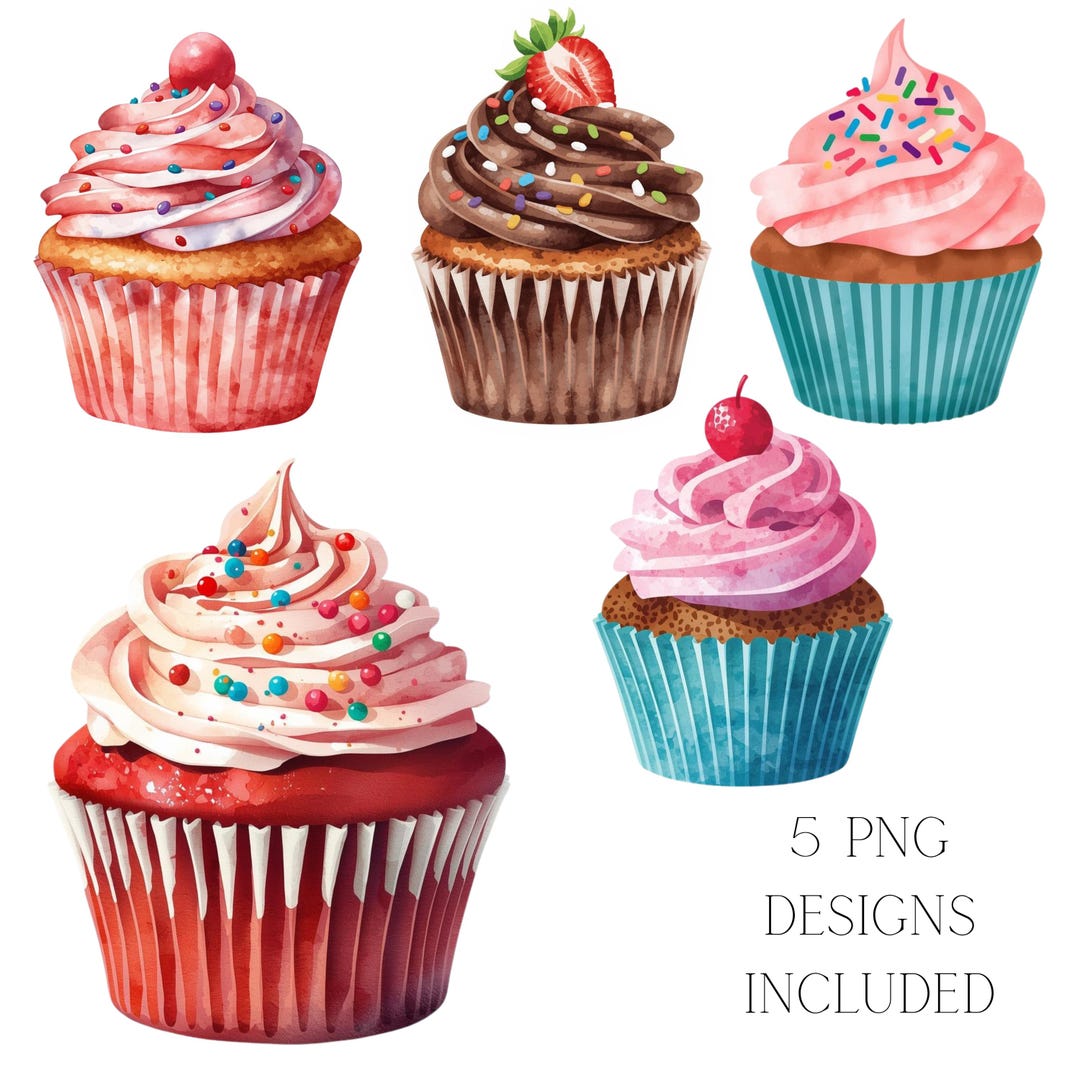 Watercolor Cupcake PNG Clipart Bundle Red Velvet Dessert Art Invitation ...