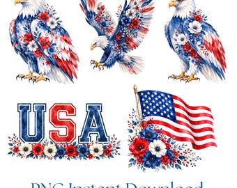 Patriotic USA PNG Bundle American Eagle Flag Design Fourth of July Flower 250 Anniversary USA Clipart Independence Day Digital Download