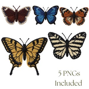 May include: Five crocheted butterfly designs in various colors, including brown, blue, orange, yellow, and black and white. The butterflies have detailed wing patterns and are displayed against a white background. Text at the bottom reads "5 PNGs Included."