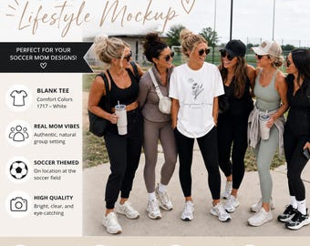 Soccer Mom Lifestyle Mockup White Comfort Colors 1717 Shirt Group Friends Sports Field Digital Download File