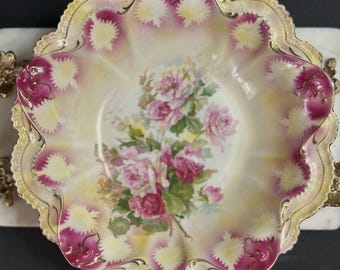 Original Antique RS Prussia Floral Bowl Cream & Pink Signed Red Mark EXCELLENT