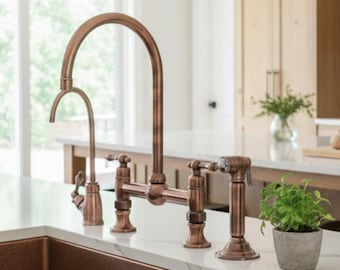 Antique Copper Bridge Kitchen Faucet with Sprayer, Cold Water Faucet and Lever Handles