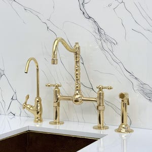 Unlacquered Brass Victorian Bridge Kitchen Faucet with Sprayer