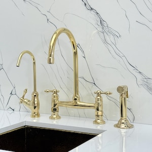 Unlacquered Brass Bridge Kitchen Faucet with Sprayer, Cold Water Faucet and Lever Handles