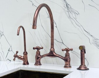 Antique Copper Kitchen Bridge Faucet with Sprayer, Drinking Water Tap and Cross Handles