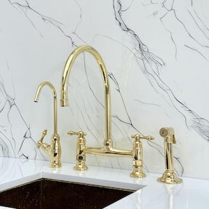 Unlacquered Brass Bridge Kitchen Faucet with Cold Water Faucet, Sprayer, and Lever Handles