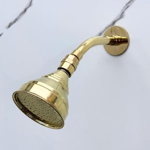 May include: A brass shower head with a curved arm and a round wall mount. The shower head has a conical shape with small holes for water to flow through. The fixture is made of shiny brass.