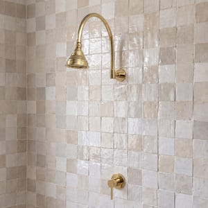 May include: A wall-mounted brass shower fixture featuring a curved arm, a bell-shaped shower head, and a separate circular single-handle control valve, all installed against a wall covered in square, glossy, off-white and beige tiles.