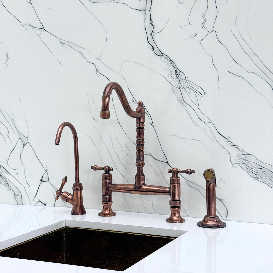 Antique Copper Bridge Victorian Kitchen Faucet With Sprayer, Drinking ...