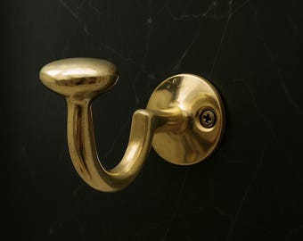 Unlacquered Brass Hooks, Solid Brass Robe Hook, Heavy Duty Single Hook, Wall Mount Robe Hooks