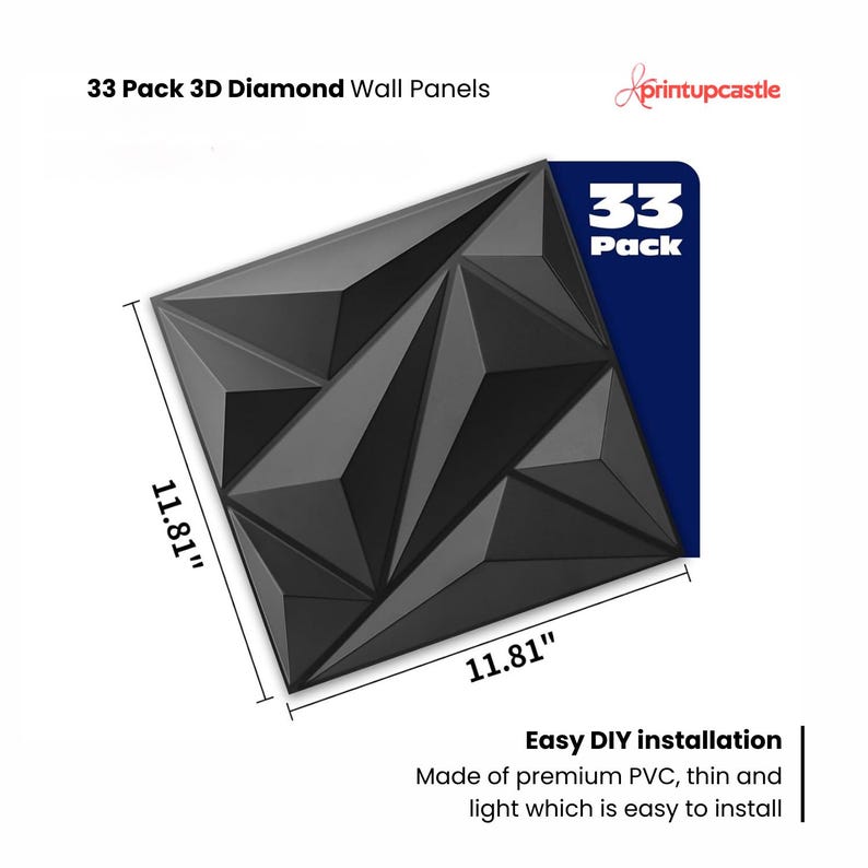 33 Pack 3D Wall Panels, Diamond Textured PVC for Interior Decor (black ...