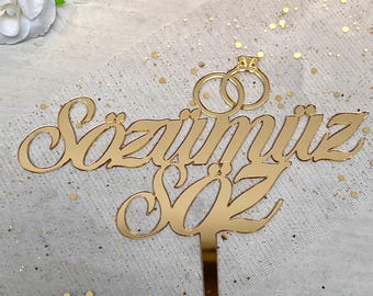 ゴールドアクリル Sözümüz Söz ケーキトッパー: 婚約&結婚式の装飾