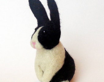 Dutch Rabbit - Black and White Needle Felted Standing Bunny - Miniature Felt Rabbit Collectible Doll Soft Sculpture Easter Gift Basket Ideas