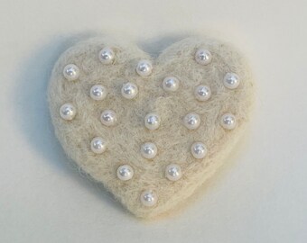 White Needle Felted Heart Magnet with Hand Stitched White Beads - Wool Heart Magnetic Decoration - Pure Wool White Valentine's Day Heart