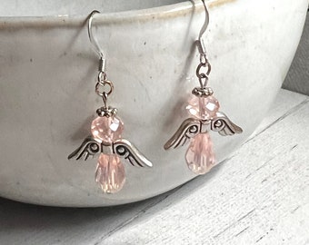 Light Pink Angel Glass Beaded Earrings - Hypoallergenic Stainless Steel Ear Wires -  Dressy Statement Style Fashion Jewelry Dangles